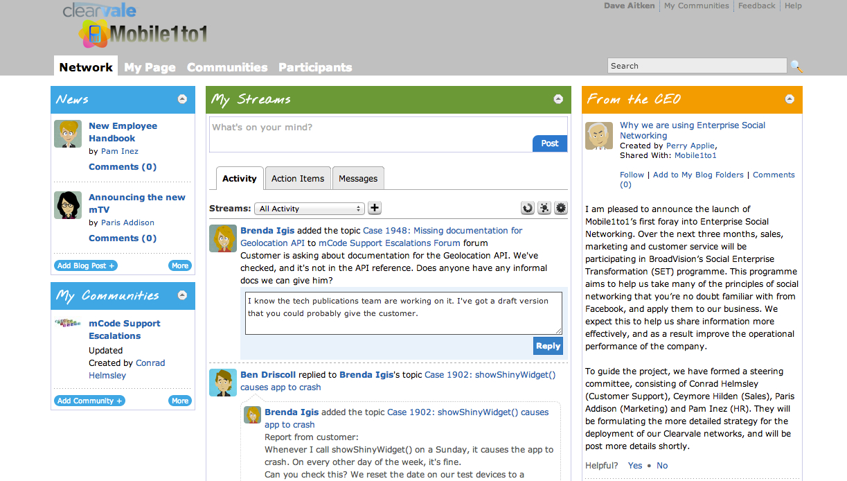 Dave from the product development team sees an escalation in his
activity feed and replies